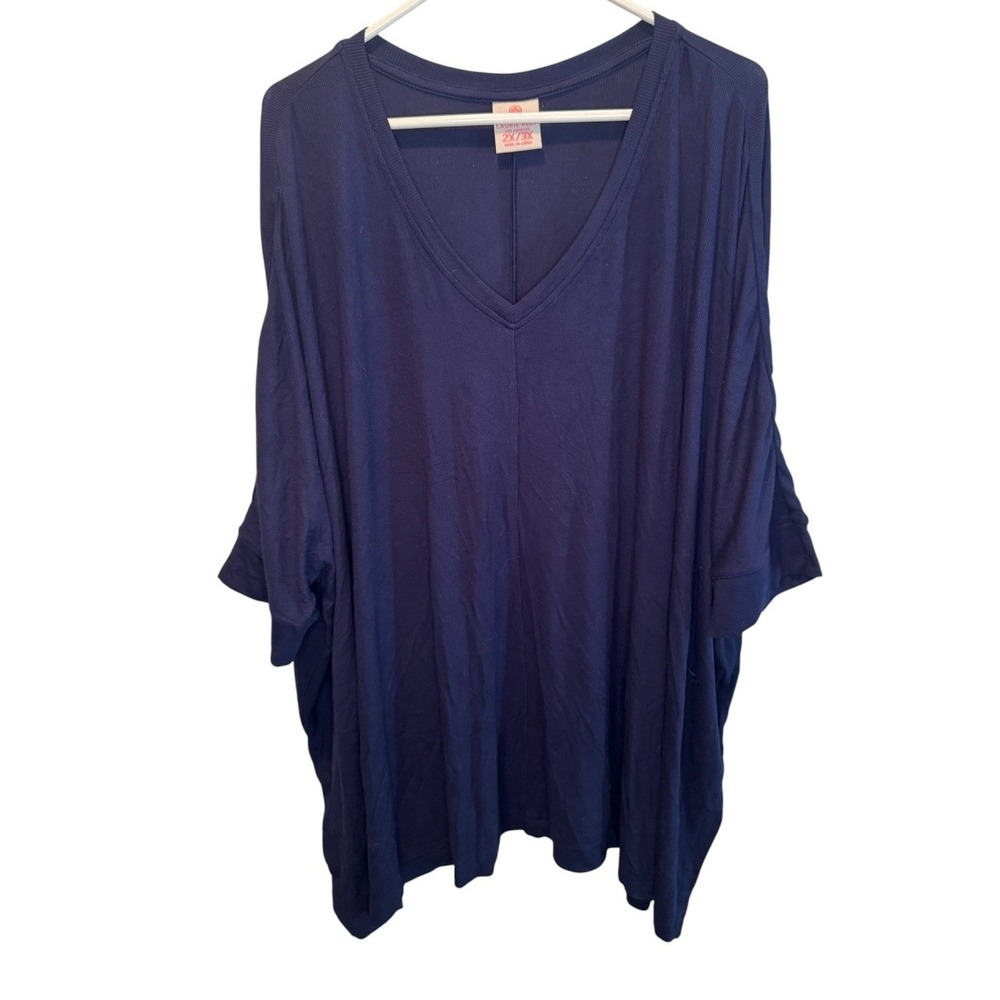 Laurie Felt Womens Navy Blue V-Neck Dolman Sleeve Ribbed Tunic Top 2X/3X NEW